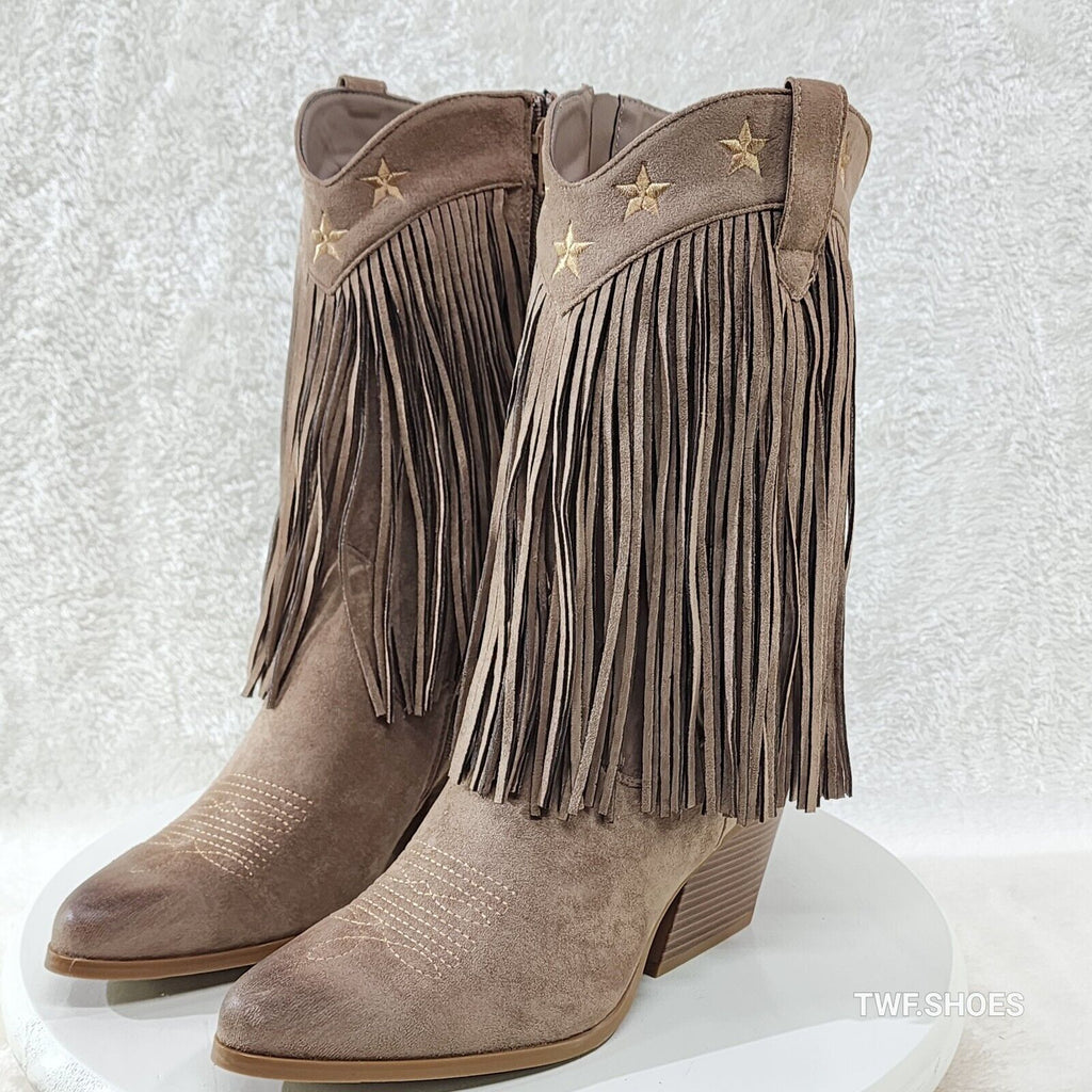 Dusty Mid Calf Coco Taupe Fringe Country Western Cowgirl Boots - Totally Wicked Footwear