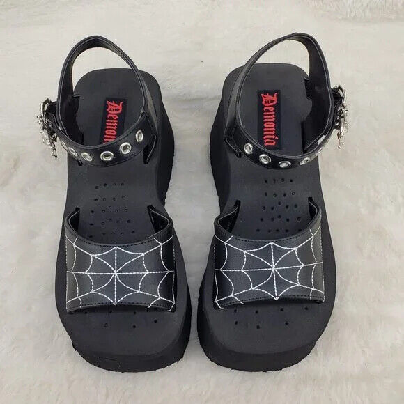 Funn Platform Goth Spider Web Sandals Ankle Strap Wedge Shoes Matte In House - Totally Wicked Footwear