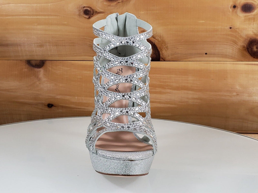 SELENE 4.5" High Heel Platform Shoe Cutout Cage Rhinestones Shimmery Silver NY - Totally Wicked Footwear