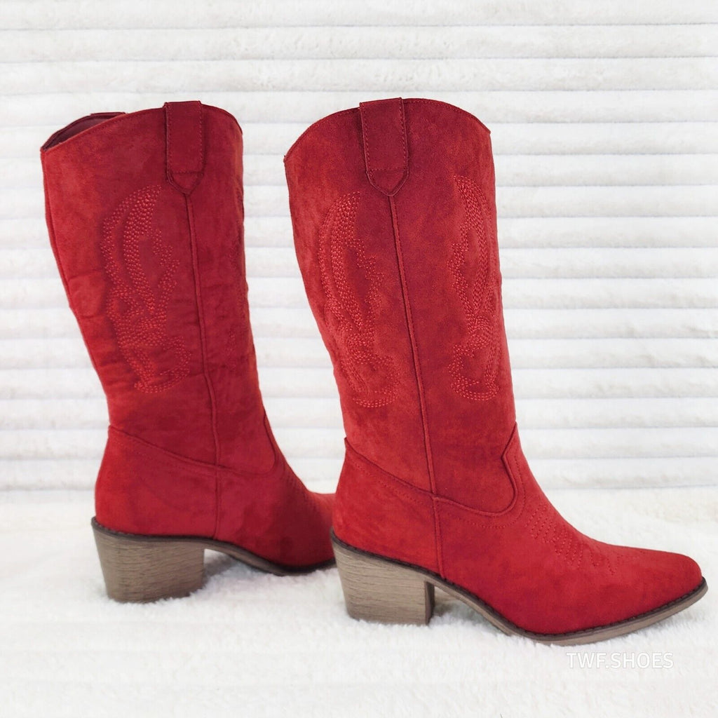 Wild Ones Red Faux Suede Pull On Mid Calf Cowboy Cowgirl Boots - Totally Wicked Footwear