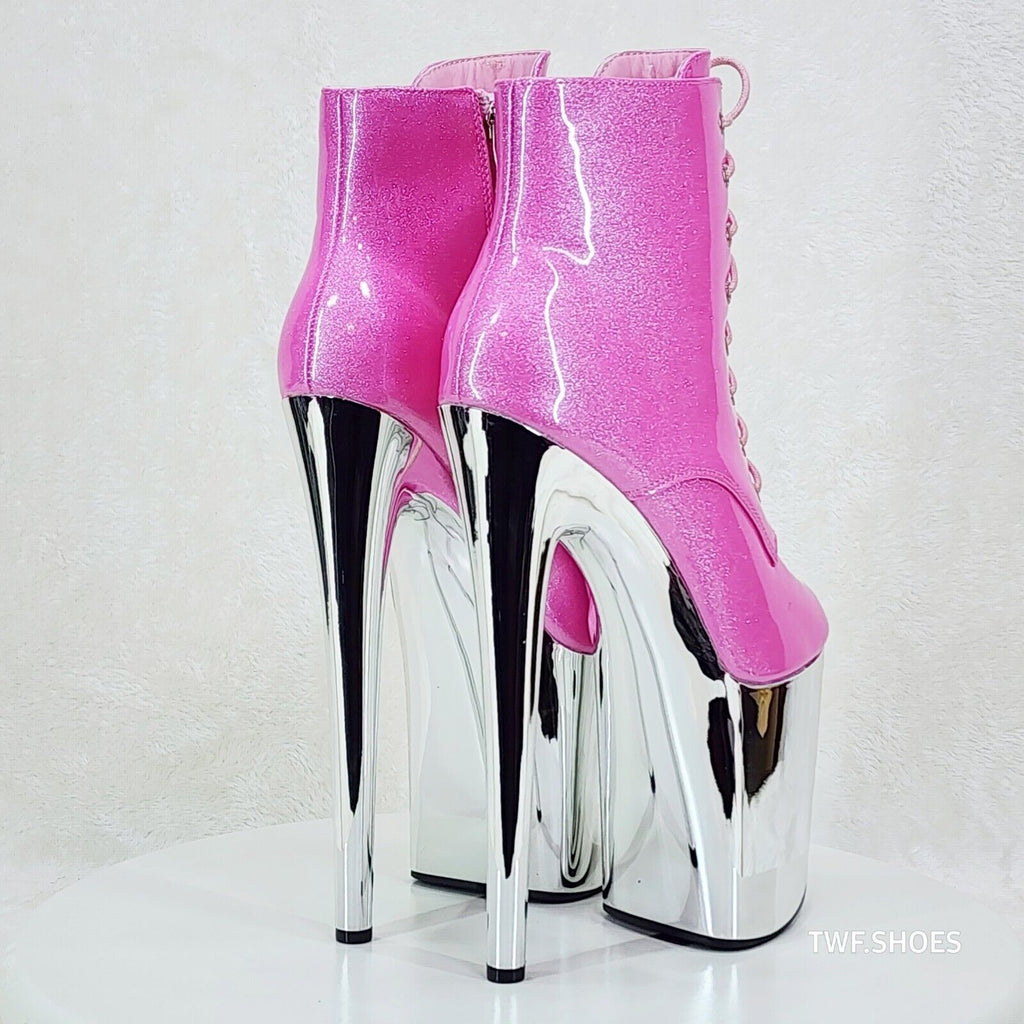 Bulls Pink Glitter Patent Chrome Platform High Heel Ankle Boots - Totally Wicked Footwear