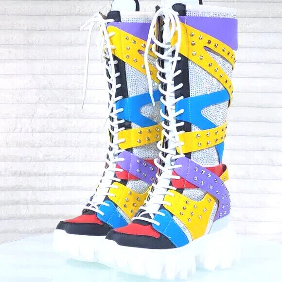 Wang Limited Multi Color White Platform Sneaker Knee Boots Hidden Wedge Heels - Totally Wicked Footwear