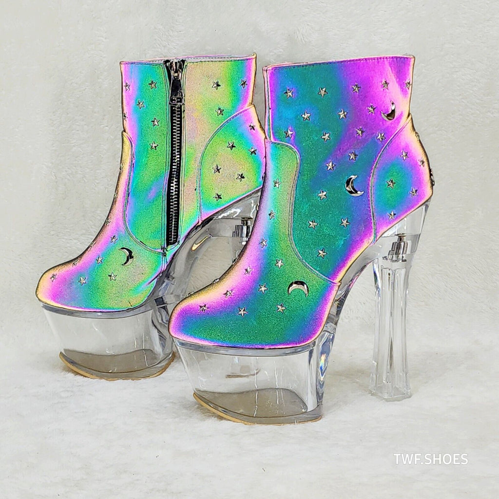 Ocho Purple Multi Reflective Ankle Boots Clear Platform & Chunky Heels Moon Star - Totally Wicked Footwear