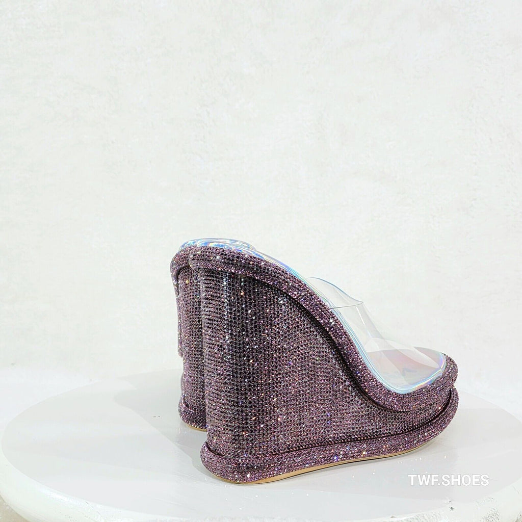 Zesty Purple Hologram Rhinestone Platform Wedge Heel Slip On Sandals - Totally Wicked Footwear