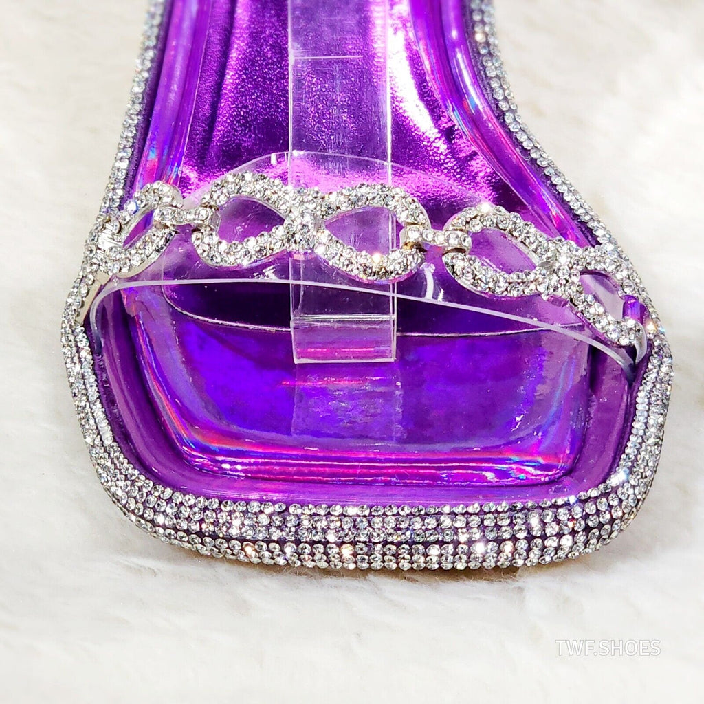 Mini .5" Rhinestone Platform Purple Hologram Upper Wrap Strap Heels Baily - Totally Wicked Footwear