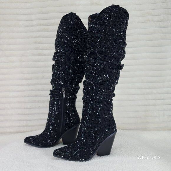 Cape Robbin Diamond Rider Black Rhinestone  Western Slouch Draped Knee Boots - Totally Wicked Footwear