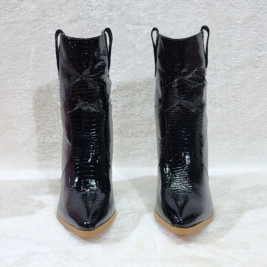 Twisted Black Patent Country Western Cowgirl Ankle Boots 2 Tone Split Cut Heels - Totally Wicked Footwear