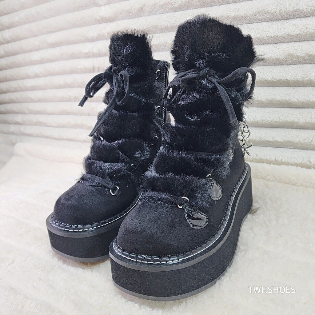 Emily Black Furry Heart Chain Goth 2" Platform Ankle Boots 55 Faux Fur - Totally Wicked Footwear
