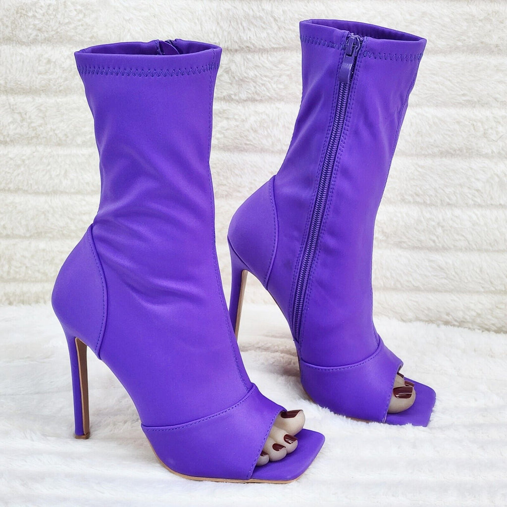 Bold Purple Stretch Square Open Toe High Heel Ankle Boots - Totally Wicked Footwear