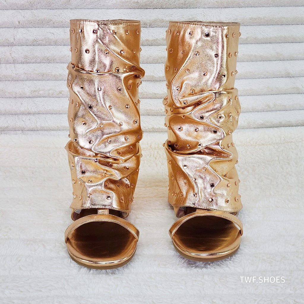 Fabulous Metallic Rose Gold Upper & Rhinestones Sandal Slouch Boots Shooties - Totally Wicked Footwear