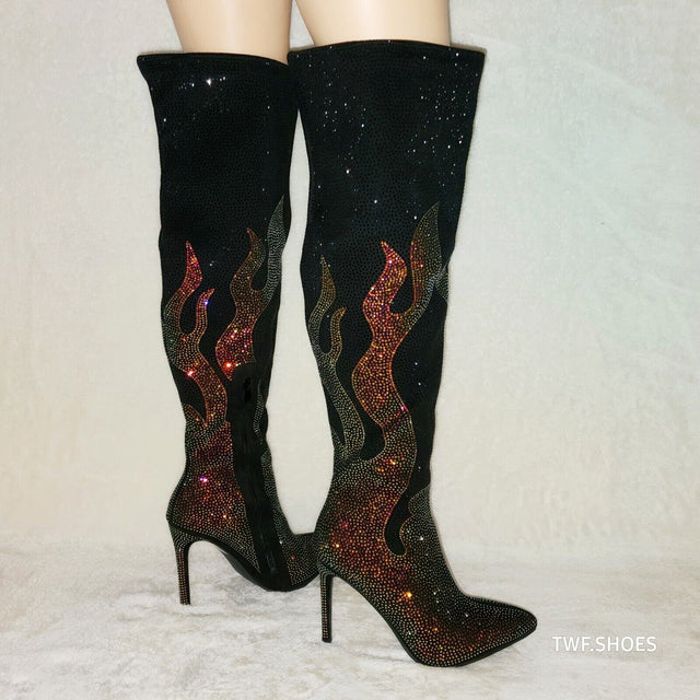 Fiery Desire Black & Gold Rhinestone Flame Detail Sexy OTK Thigh Boots - Totally Wicked Footwear