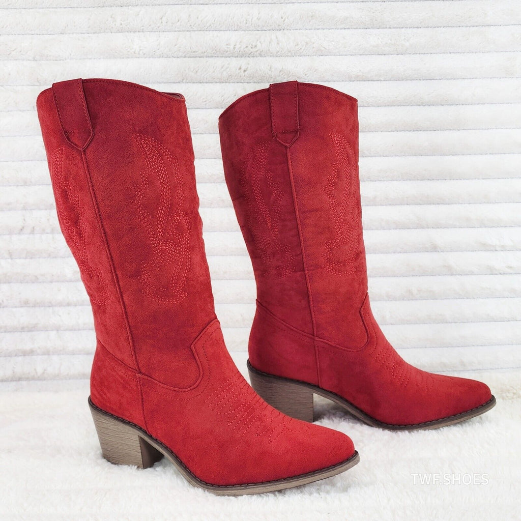 Wild Ones Red Faux Suede Pull On Mid Calf Cowboy Cowgirl Boots - Totally Wicked Footwear