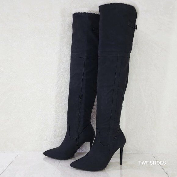 Cozy Craze Black Nubuck Over The Knee Fleece High Heel Thigh Boots - Totally Wicked Footwear