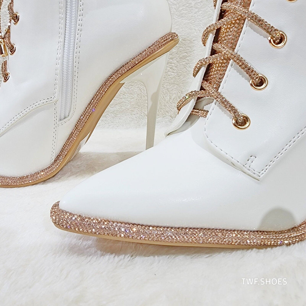 Delightful White Upper High Heel Ankle Boots Rose Gold Rhinestone Trim and Laces - Totally Wicked Footwear