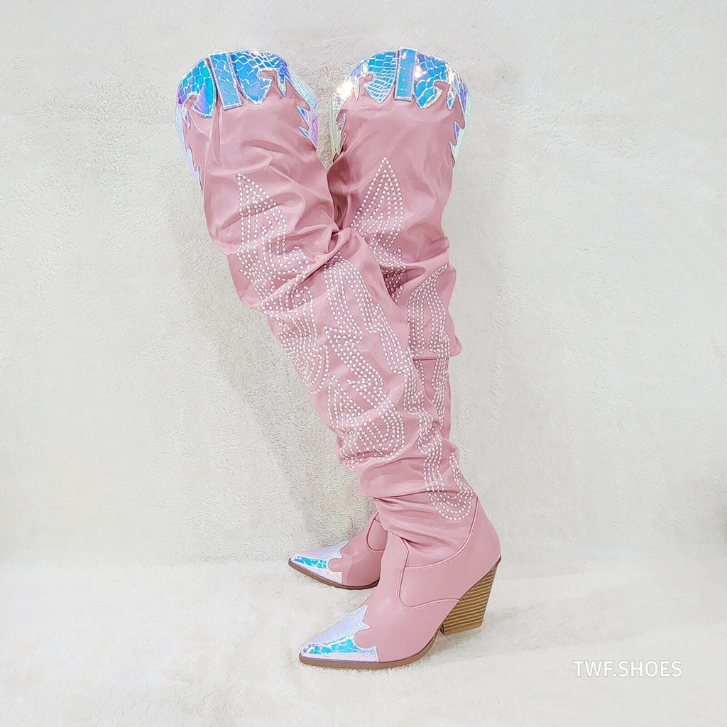Iconic Country Western Thigh high Cowgirl Boots Baby Pink Hologram Trim - Totally Wicked Footwear