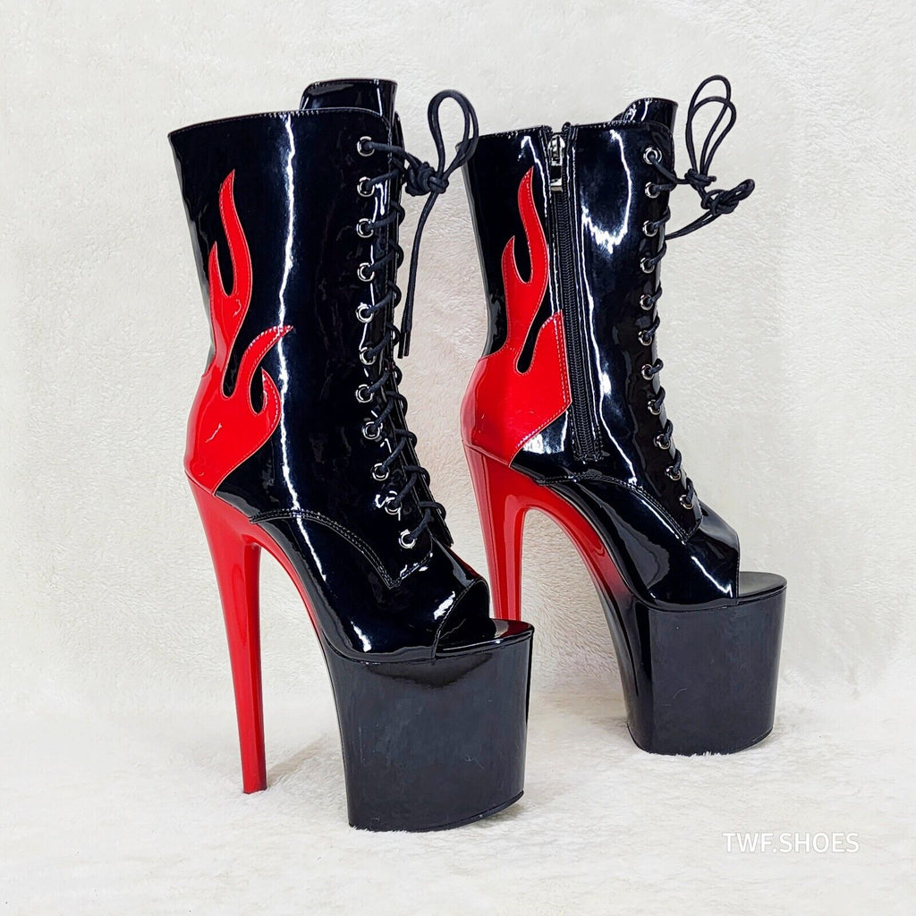 Bulls Black Patent Open Toe Red Flame Platform High Heel Mid Calf Boots - Totally Wicked Footwear