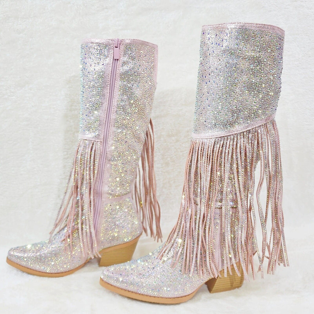 Western Diva Baby Pink Asymmetrical Fringe Rhinestone Glam Cowgirl Boots - Totally Wicked Footwear