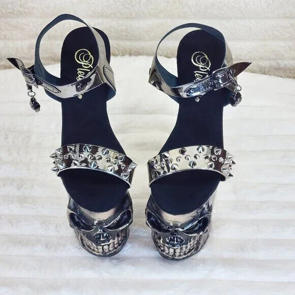 Rapture Silver Pewter Spike Skull & Bones LED 8" High Heel Platform Shoes NY - Totally Wicked Footwear