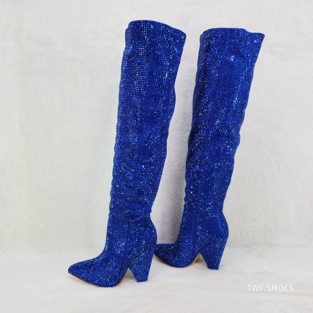 Vegas Blue Rhinestone Over the Knee Thigh boots 4.25" Heels Party Boots - Totally Wicked Footwear