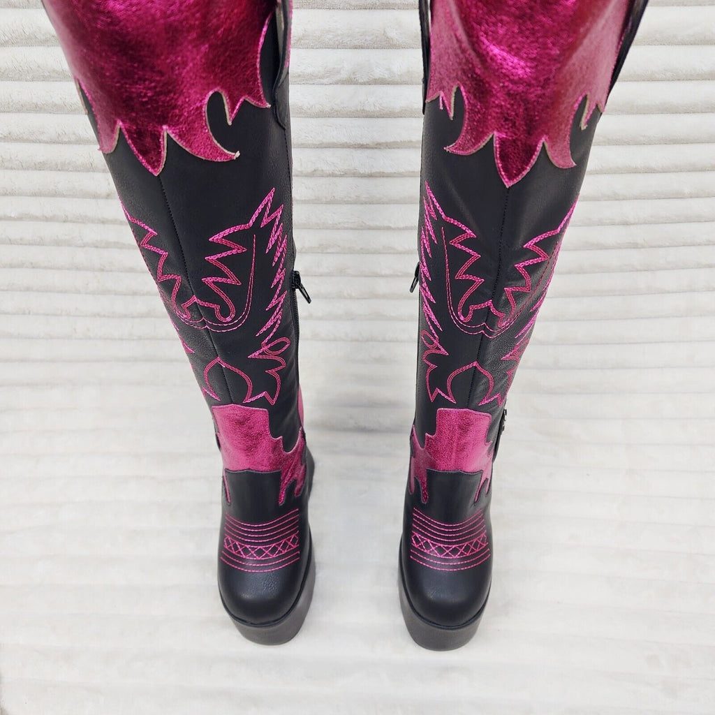 Free Your Soul Western Designed Platform Chunky Heel Knee Boots Festival Gothic - Totally Wicked Footwear