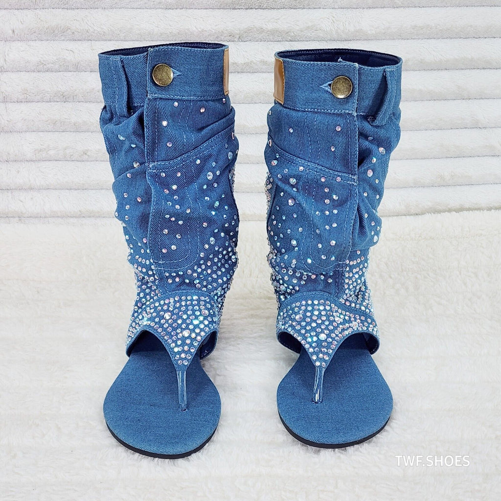 Perplex Denim & Rhinestones Sandal Slouch Boots Shooties - Totally Wicked Footwear