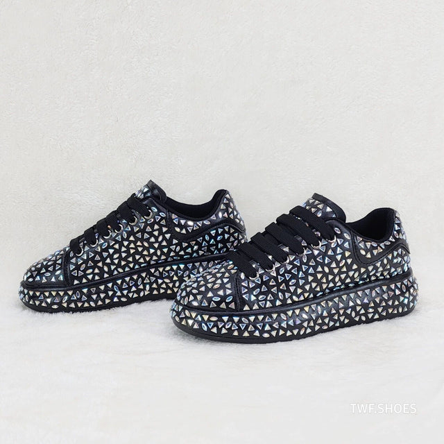 Geo Dazzle Cush Iridescent Stone Black Platform Sneakers Tennis Shoes - Totally Wicked Footwear