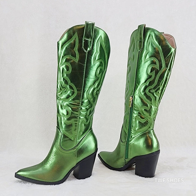 Electric Cowboy Brush Metallic Matte Western Knee High Cowgirl Boots Green - Totally Wicked Footwear