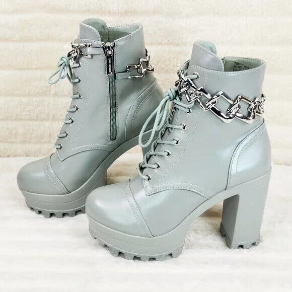 Flex Chunky Block Heel Light Weight Ankle Boots Square Chain Link Sage Green - Totally Wicked Footwear