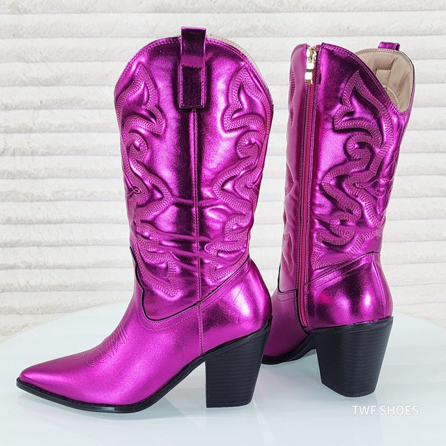 Electric Mid Calf Cowboy Metallic Matte Western Cowgirl Boots Hot Fuchsia Pink - Totally Wicked Footwear