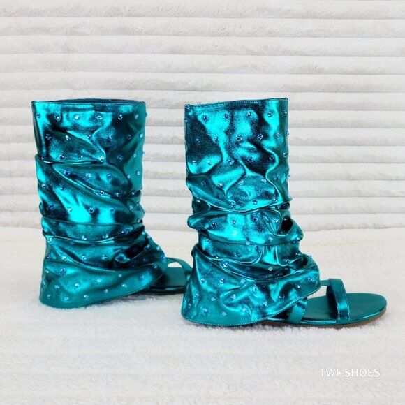 Fabulous Metallic Green Mermaid Upper & Rhinestones Sandal Slouch Boots Shooties - Totally Wicked Footwear