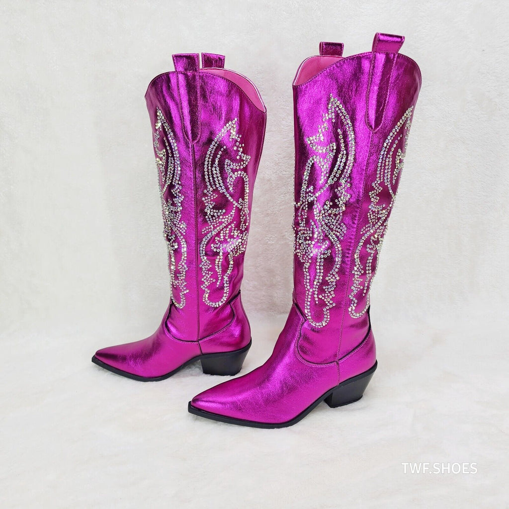 Razzle Metallic Pink Fuchsia Country Western Cowgirl Knee Boot Rhinestone Dazzle - Totally Wicked Footwear