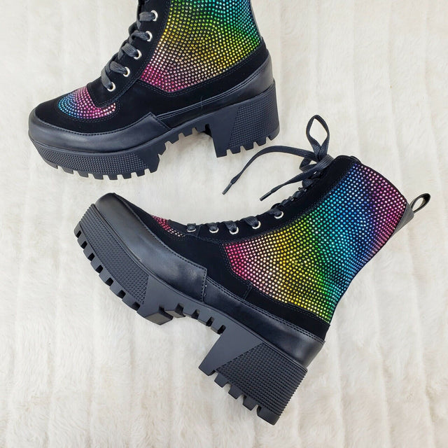 Queen Pin 2 Rainbow Rhinestone Lace Up Platform Combat Ankle Boots Restocked - Totally Wicked Footwear