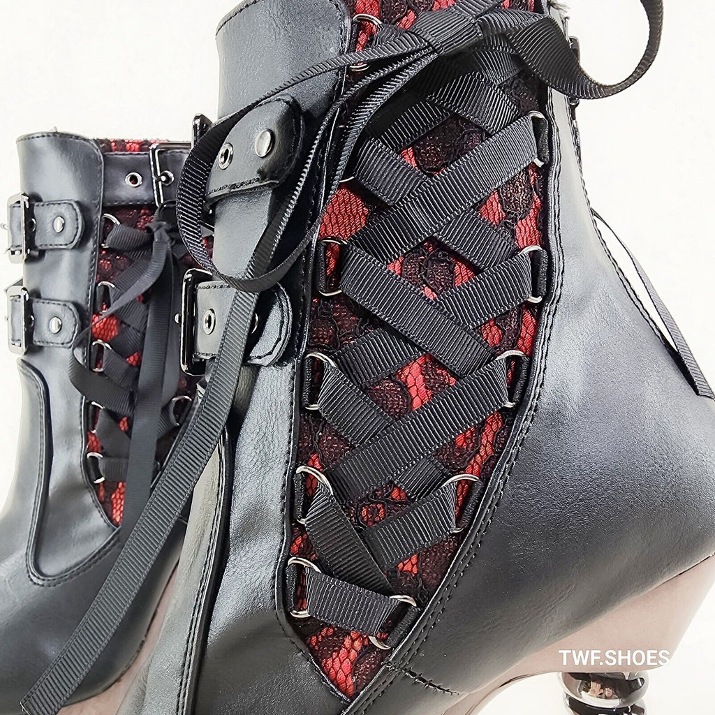 Muerto 1033 Red Lace Panel Finger Bone High Heel Platform Ankle Boots In House - Totally Wicked Footwear