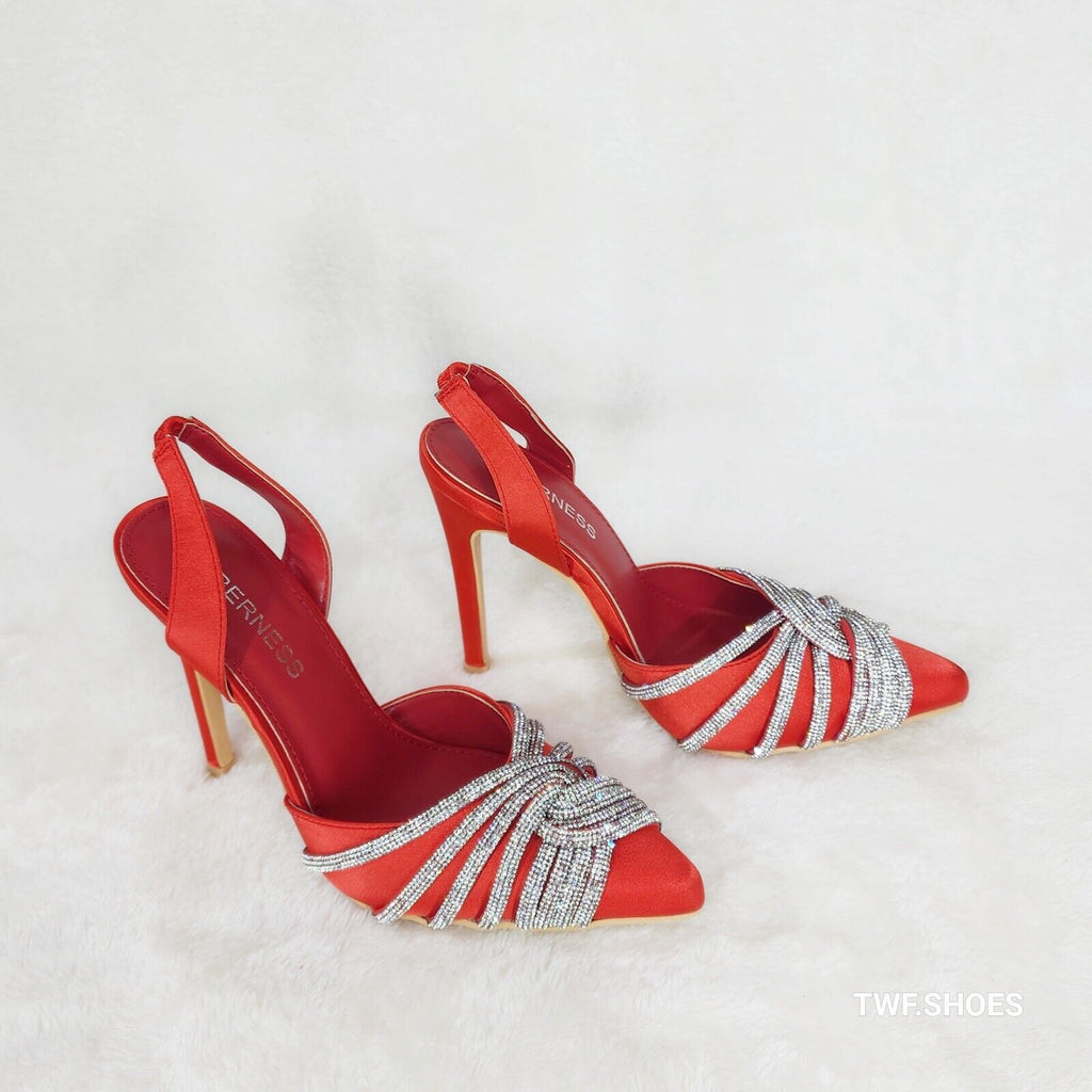 Elegance Slip on Slingback Red Satin Rhinestone Pointy Toe High Heels Shoes - Totally Wicked Footwear