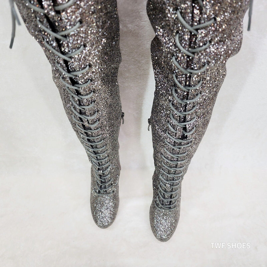 Bulls Silver Glitter Over the Knee Clear Platform High Heel Thigh Boot - Totally Wicked Footwear