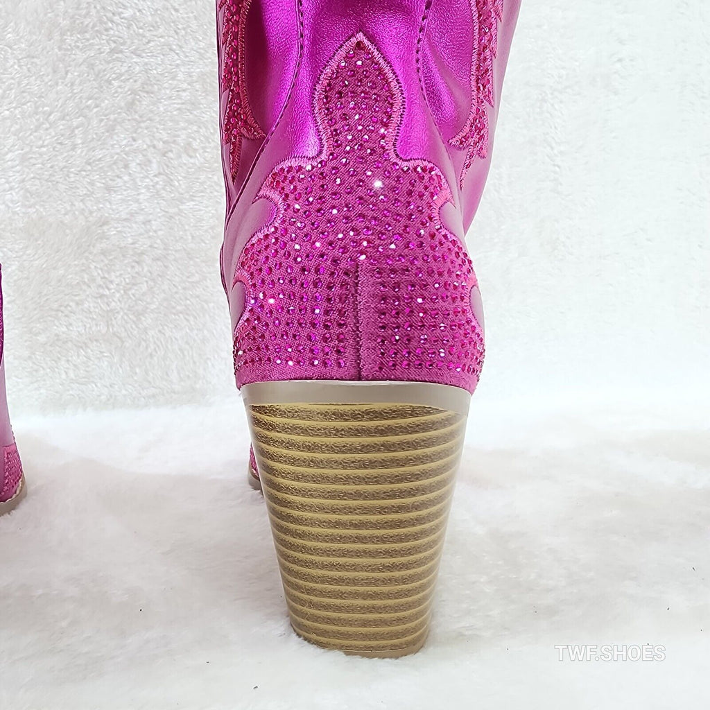 Flash Brush Metallic Matte Rhinestone Western Knee High Cowgirl Boots Hot Pink - Totally Wicked Footwear