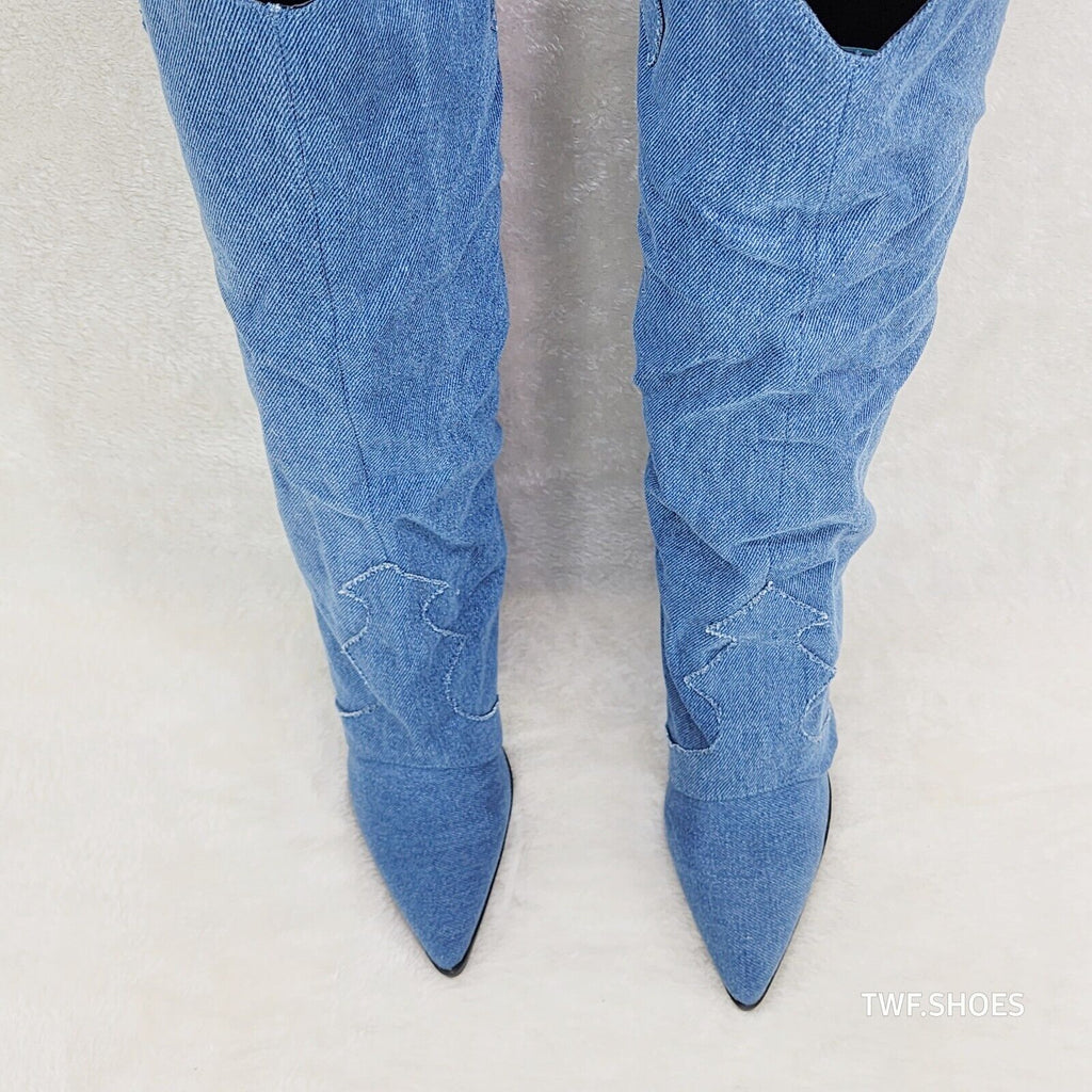 Rough Cut Denim Skirted Fold Over Country Western Knee High Cowgirl Boots - Totally Wicked Footwear