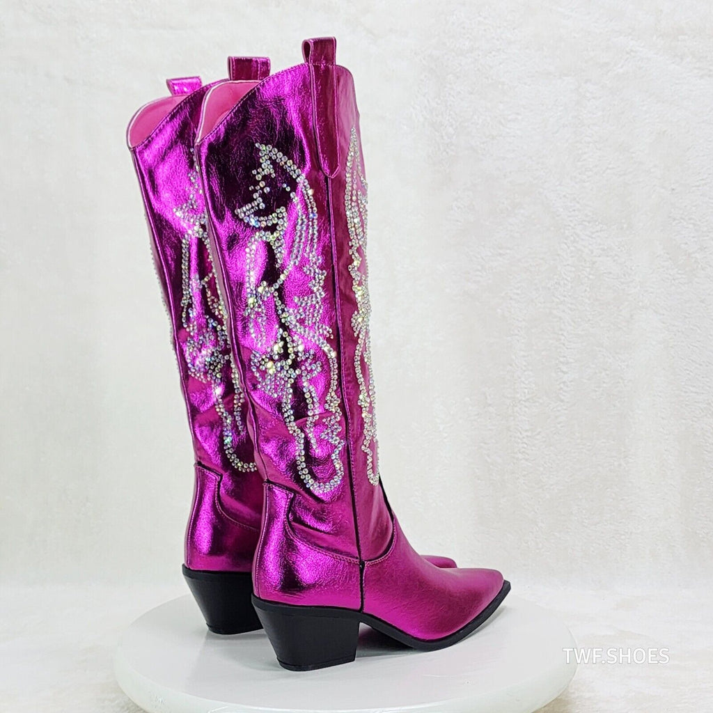 Razzle Metallic Pink Fuchsia Country Western Cowgirl Knee Boot Rhinestone Dazzle - Totally Wicked Footwear
