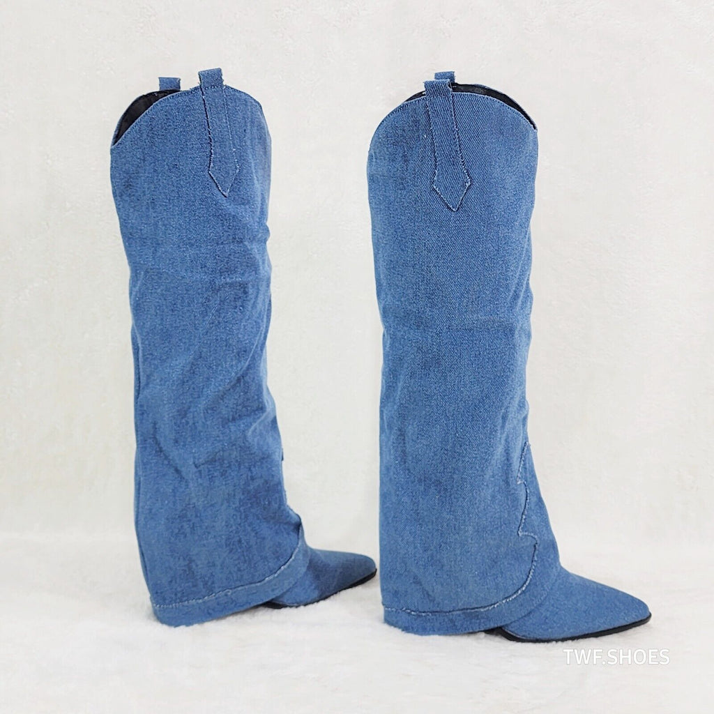 Rough Cut Denim Skirted Fold Over Country Western Knee High Cowgirl Boots - Totally Wicked Footwear