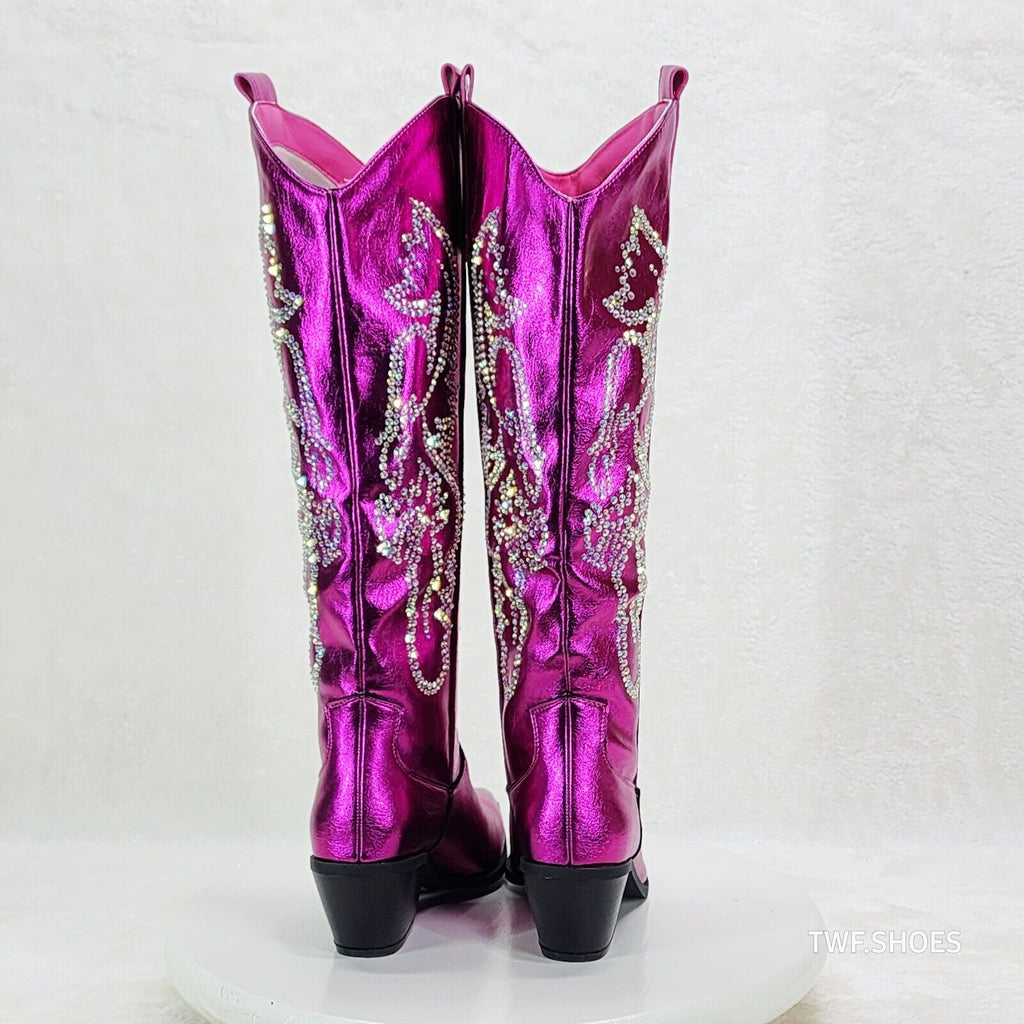 Razzle Metallic Pink Fuchsia Country Western Cowgirl Knee Boot Rhinestone Dazzle - Totally Wicked Footwear