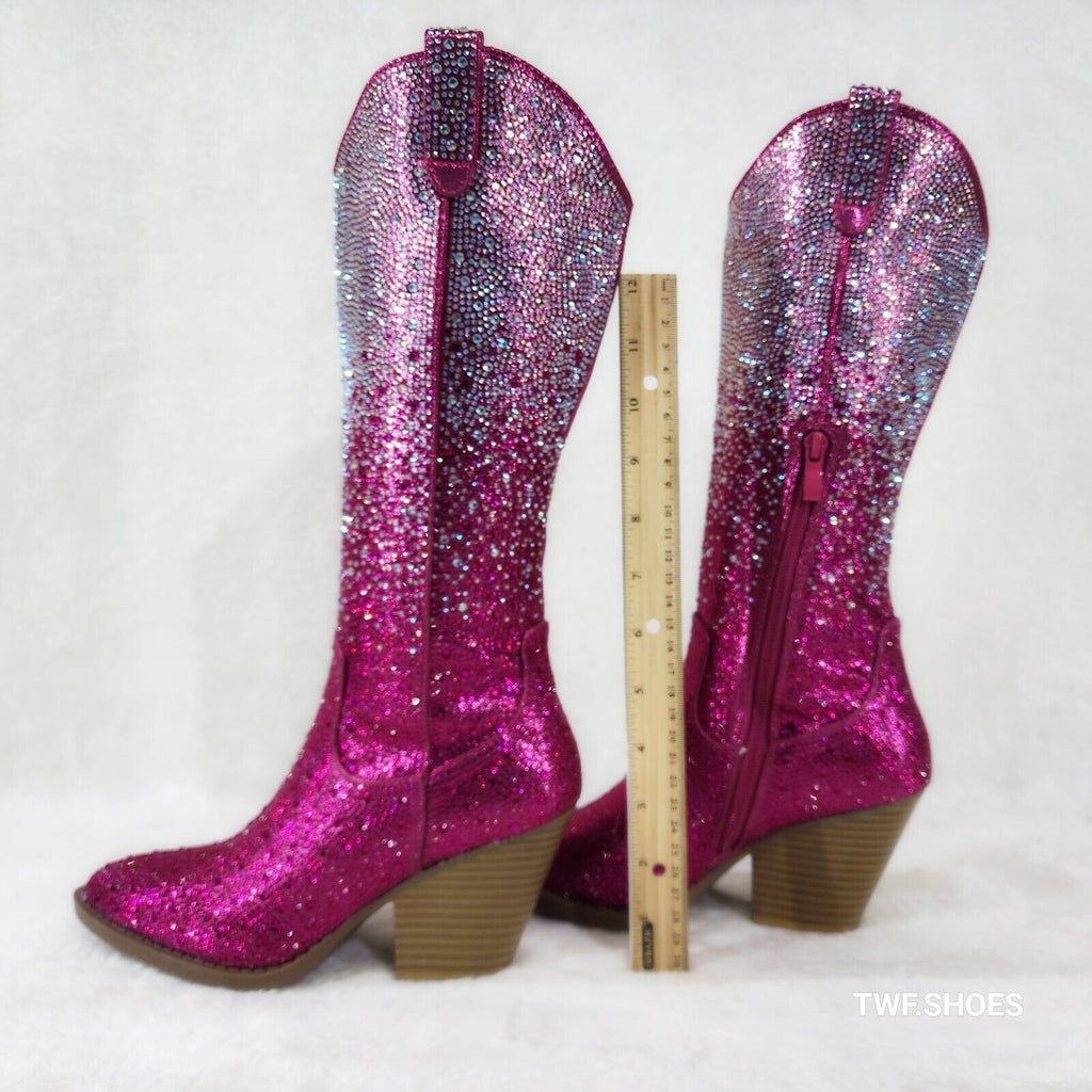 Wild One Glamour Cowboy Fuchsia Hot Pink / Silver Ombre Rhinestone Cowgirl Boots - Totally Wicked Footwear