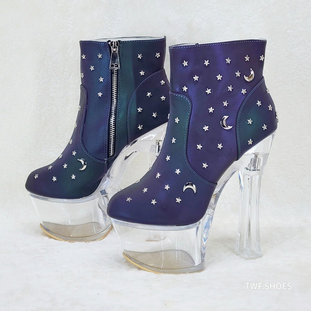 Ocho Purple Multi Reflective Ankle Boots Clear Platform & Chunky Heels Moon Star - Totally Wicked Footwear