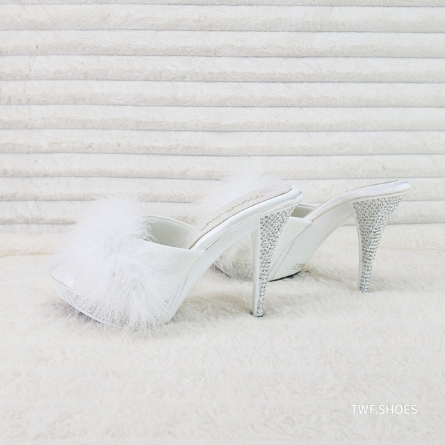 Elegance Marabou Feather Slip On Platform Sandals 5" Stiletto Heel Shoes White - Totally Wicked Footwear