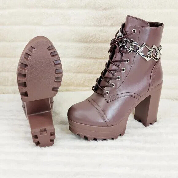 Flex Chunky Block Heel Light Weight Ankle Boots Square Chain Link Mocha Brown - Totally Wicked Footwear