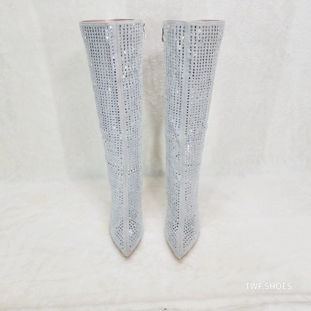 Glamour Shot Mirrored Rhinestone 4" Pyramid Heel Knee Boots Silver Gray - Totally Wicked Footwear