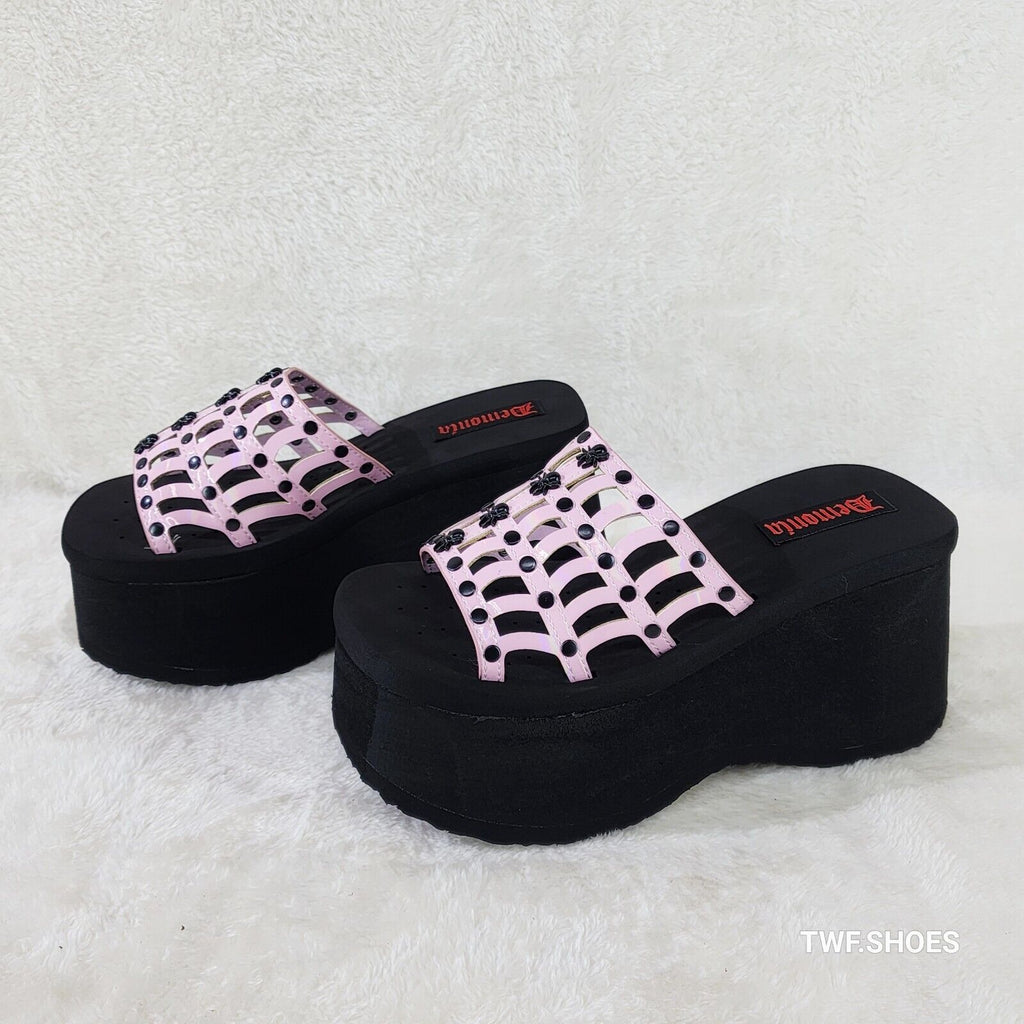 Funn Platform Goth Cut Out Web Sandals Spider Studs Slip On Shoes Pink Hologram - Totally Wicked Footwear