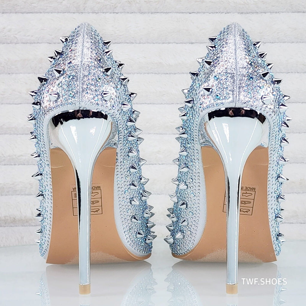 Wicked Sexy Spike Stud Iridescent Rhinestone High Heel Pump Shoes Silver - Totally Wicked Footwear