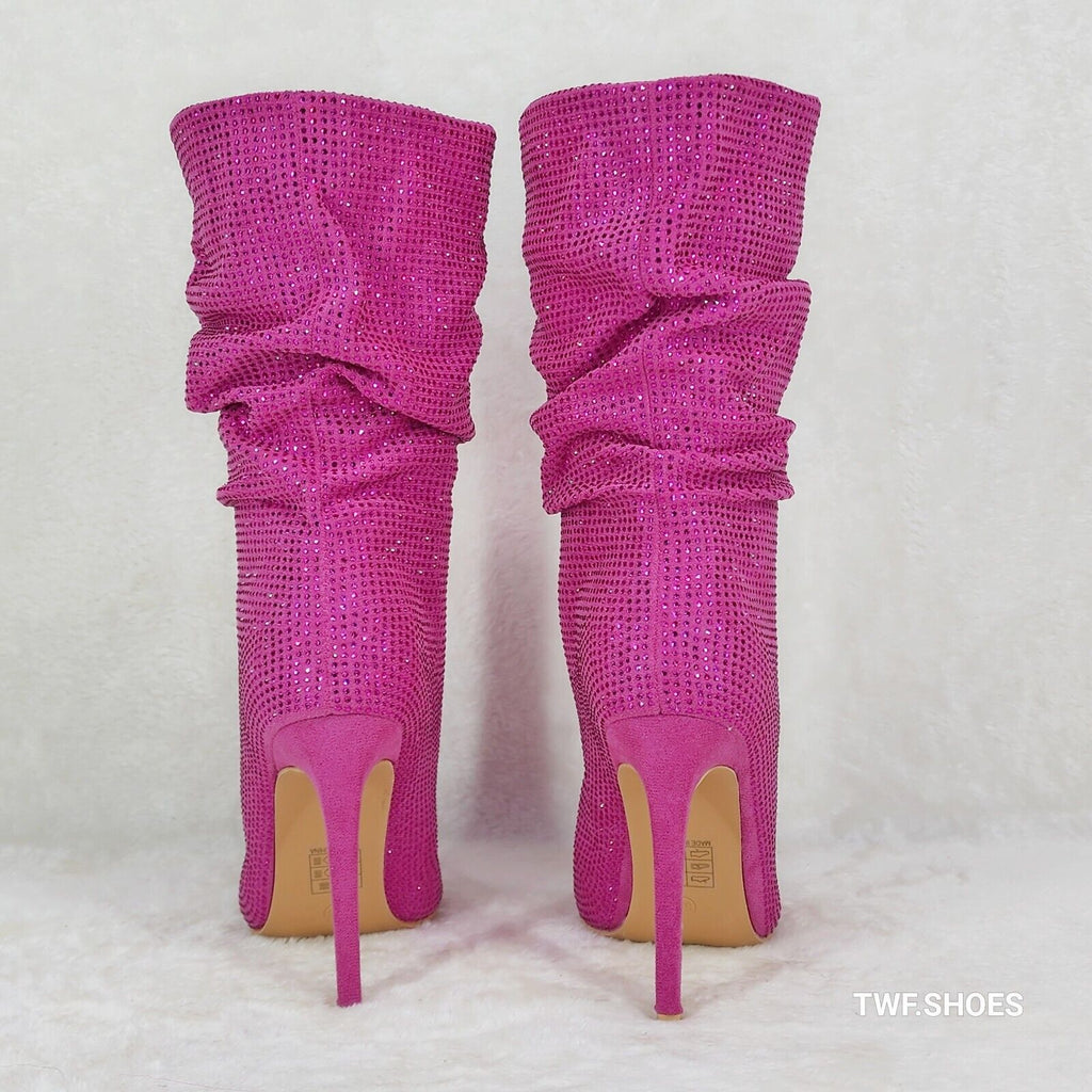Resolve Sparkling Pink Rhinestone High Heel Slouch Calf Boots New Years Bling - Totally Wicked Footwear