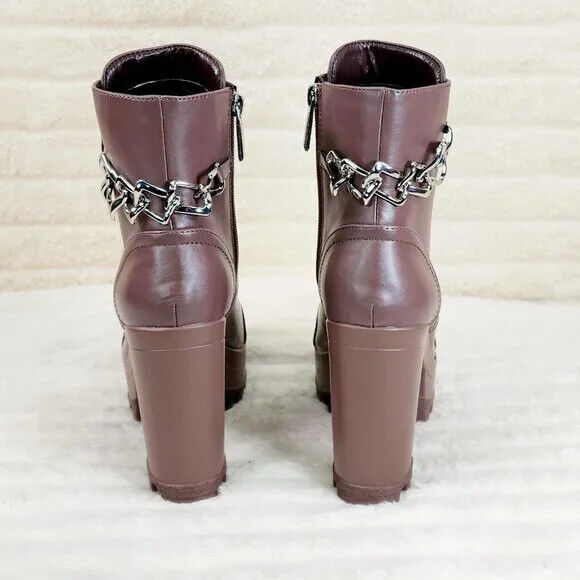 Flex Chunky Block Heel Light Weight Ankle Boots Square Chain Link Mocha Brown - Totally Wicked Footwear