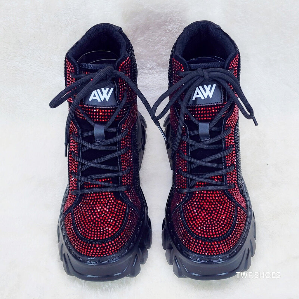 Anthony Wang Berry Red & Black Rhinestone Platform Hidden Wedge Sneakers - Totally Wicked Footwear